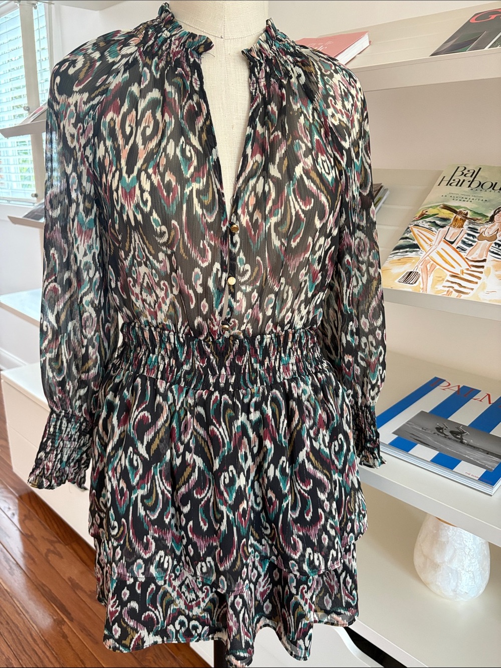 Zara Black Multicolor Ikat-Print Long Sleeve Mini Dress